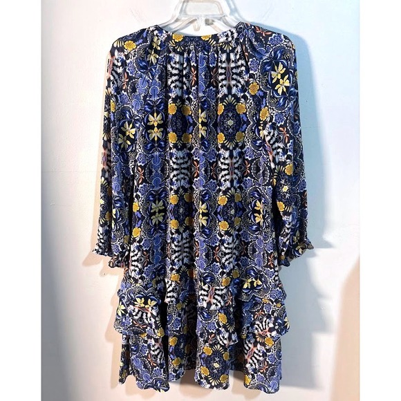 LOFT Women's Blue Yellow Floral Print Ruffle Tiered Mini Dress Size Medium - Picture 7 of 10